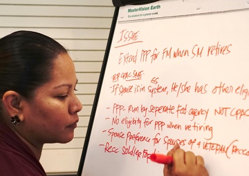A woman with dark hair in a bun is writing on a flip chart pad with a red marker. The flip chart displays notes about a military/HR policy issue concerning PPP (Priority Placement Program) extension for Family Members (FM) when a Service Member (SM) retires. The setting appears to be a meeting or briefing room.