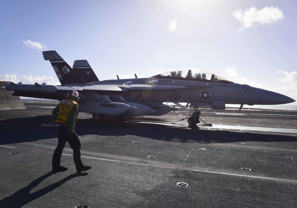 An EA-18G prepares to launch from Nimitz