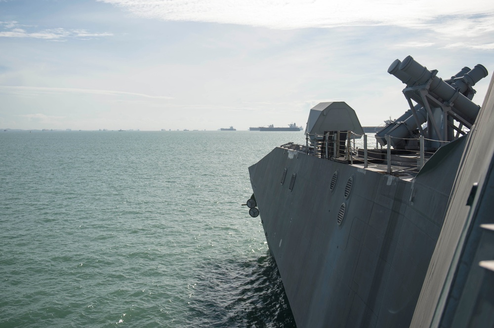 USS Coronado (LCS 4) departs Changi Naval Base, Singapore to conduct sea trials.