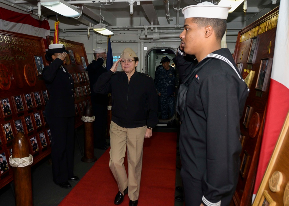 Navy Chief of Chaplains, Rear Adm. Margaret G. Kibben, Salutes Side Boys Aboard USS Ronald Reagan