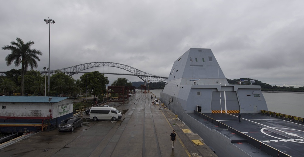 USS Zumwalt makes preparations to depart Panama