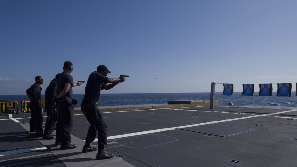 USS Zumwalt Sailors participate in small arms qualification test