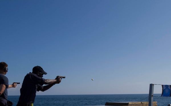 USS Zumwalt Sailors participate in small arms qualification test