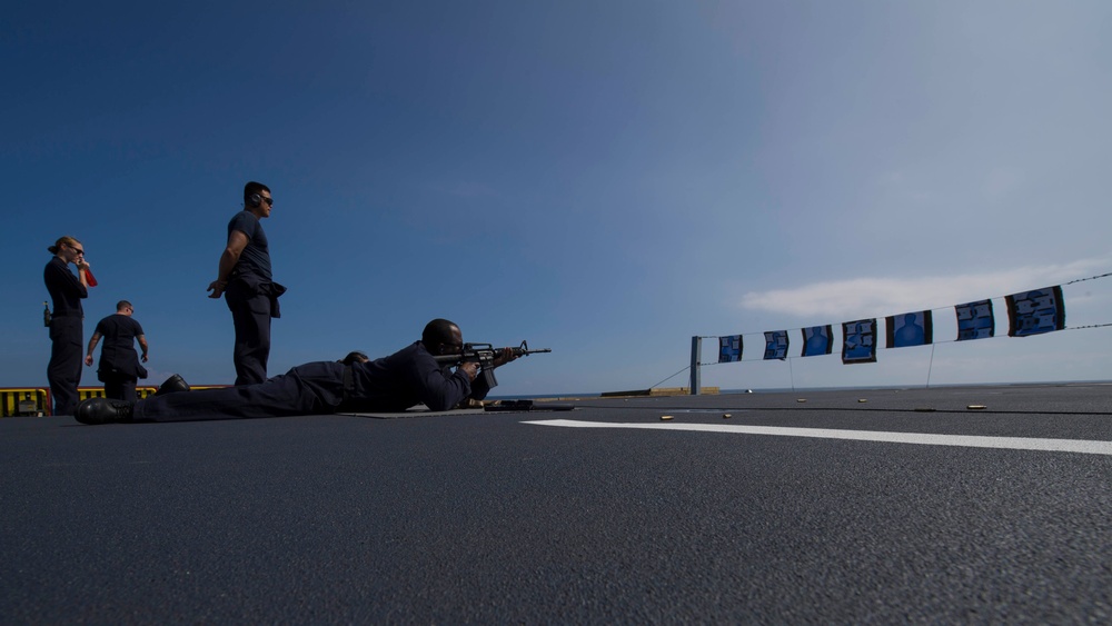 USS Zumwalt Sailors participate in small arms qualification test