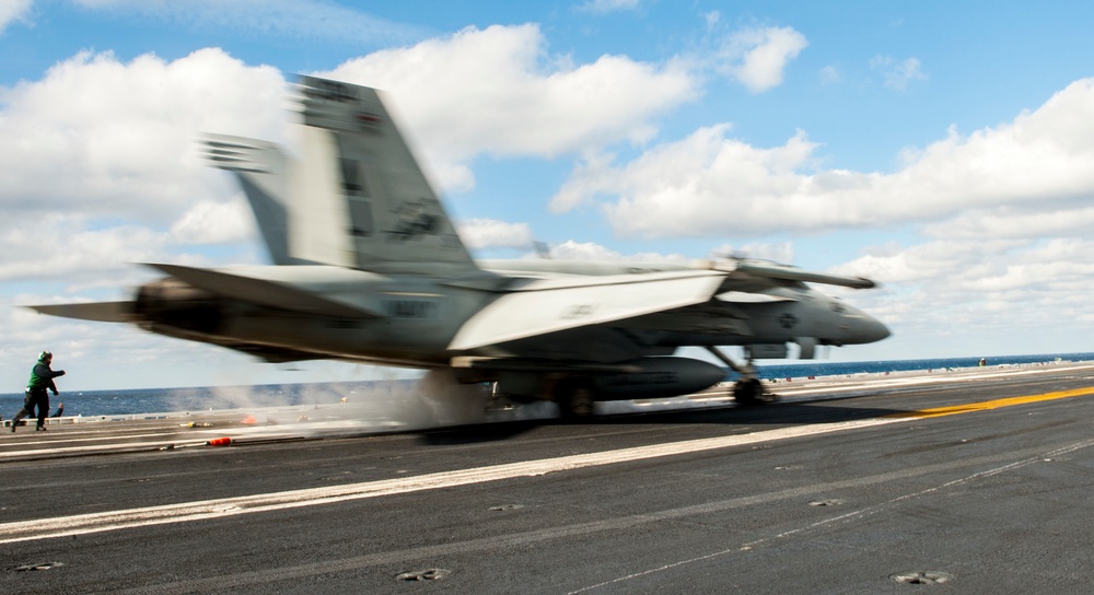 GHWB is underway conducting a Composite Training Unit Exercise (COMPTUEX) with the Eisenhower Carrier Strike Group in preparation for an upcoming deployment.
