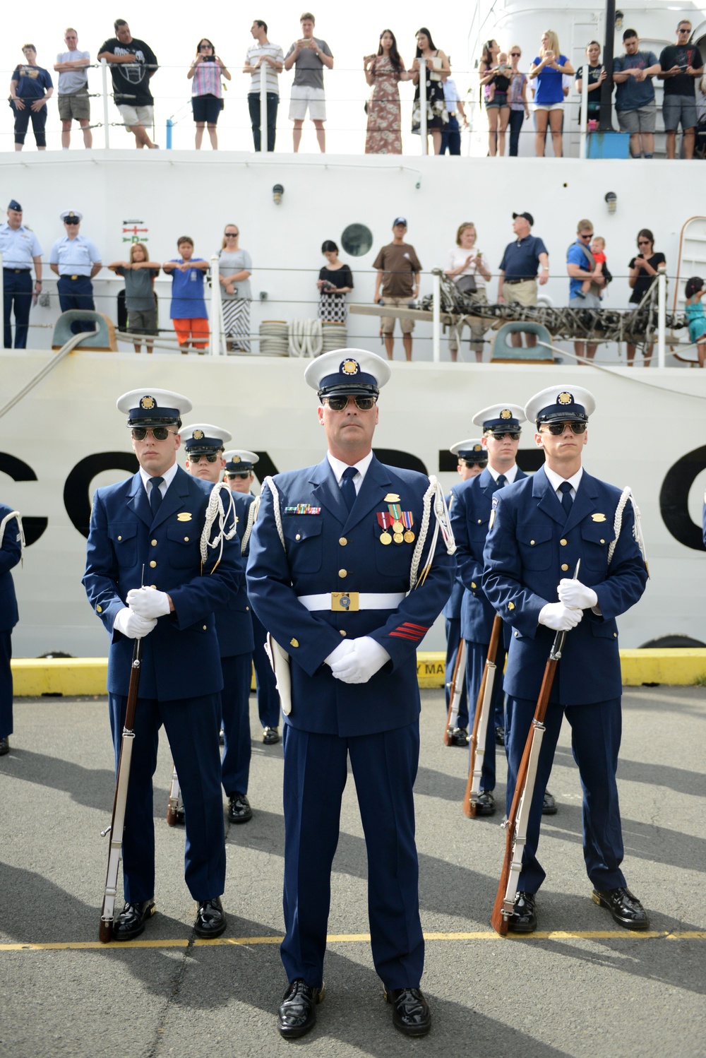 Coast Guard Honor Guard Silent Drill Team performs at Aloha Tower in Honolulu