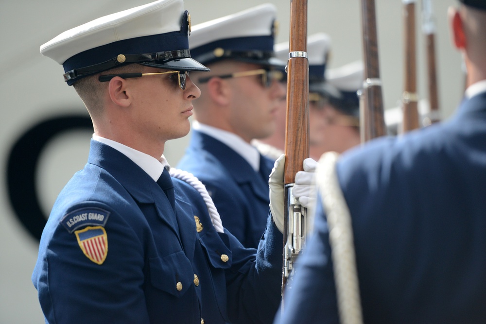 Coast Guard Honor Guard Silent Drill Team performs at Aloha Tower in Honolulu