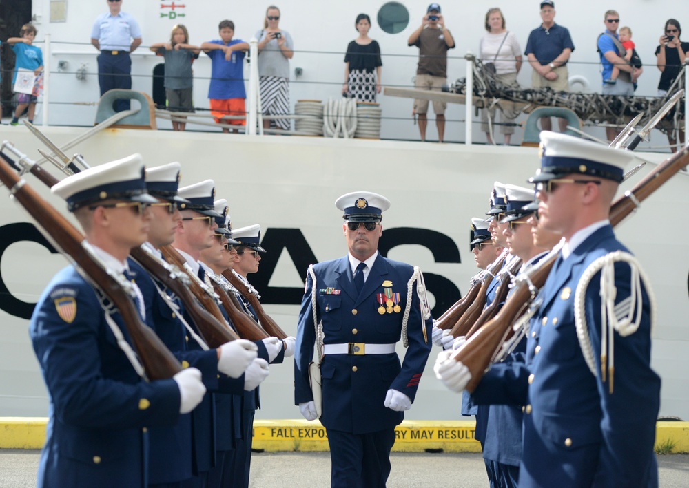 Coast Guard Honor Guard Silent Drill Team performs at Aloha Tower in Honolulu