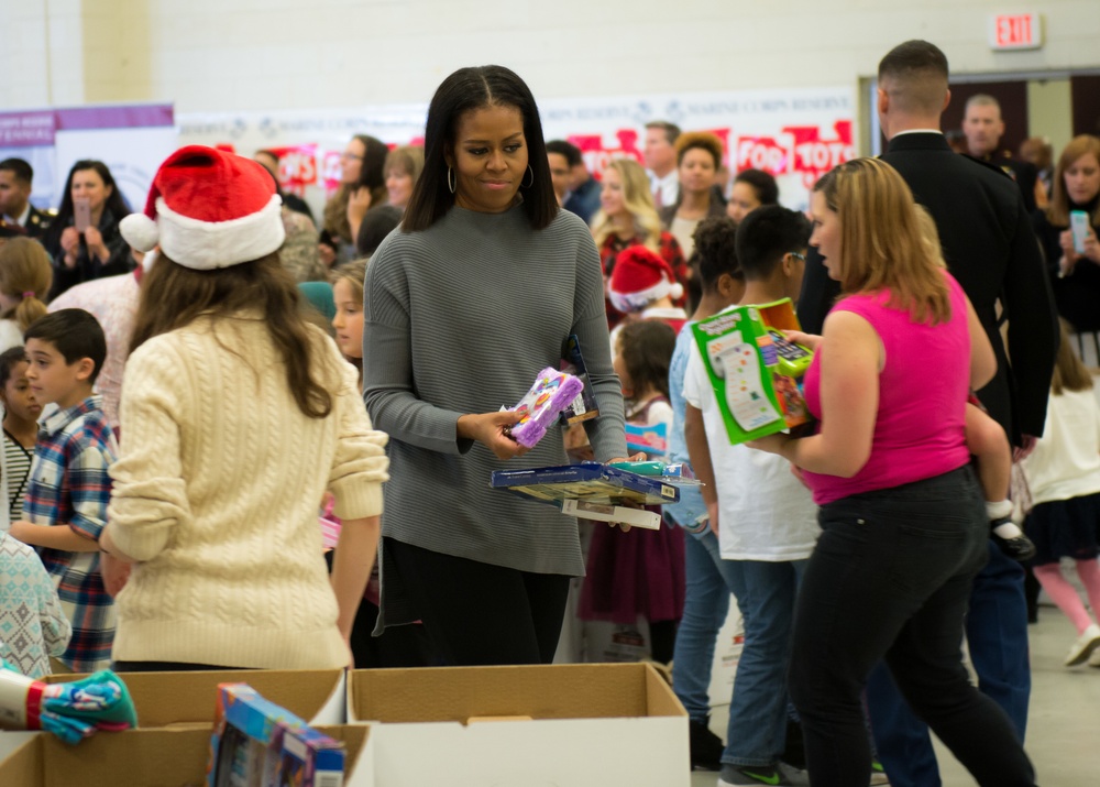 First lady Michelle Obama participates in Toys for Tots toy sorting event in Washington D.C. sorting event in Washington D.C.
