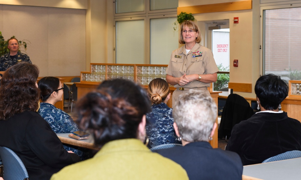 Rear Adm. Anne Swap, commander, Navy Medicine East (NME), speaks at the first headquarters’ staff meeting as the new commander