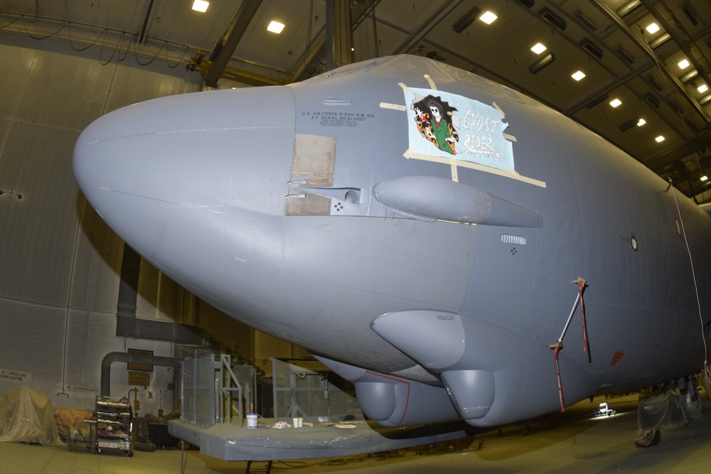 B-52H, 61-0007, 'Ghost Rider' in the paint hangar at Tinker AFB, Okla.