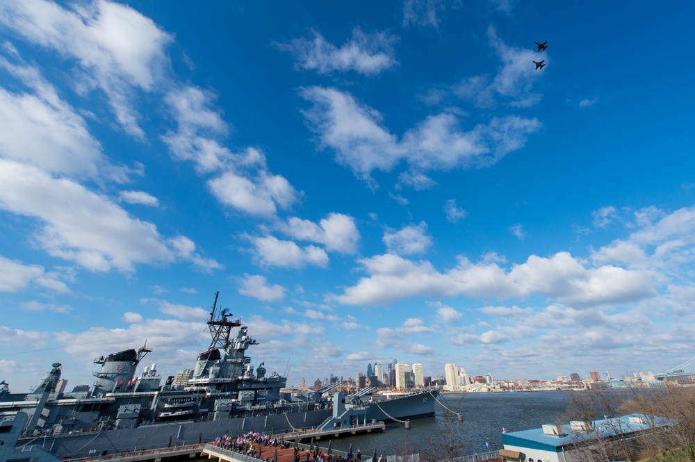 New Jersey Air National Guard F-16s perform flyover of USS New Jersey for Pearl Harbor Commemoration