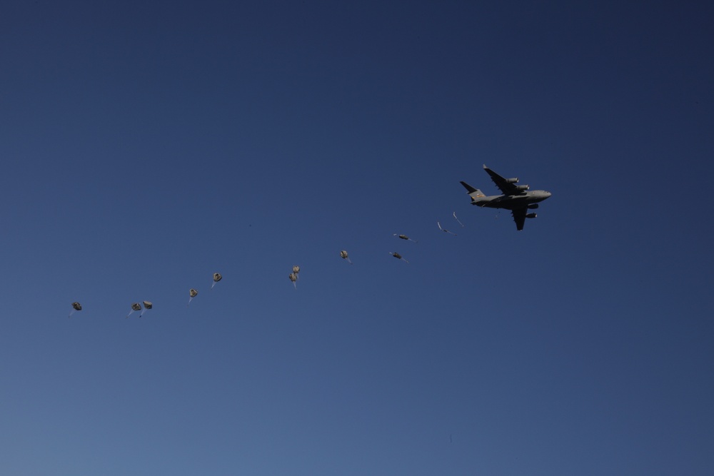 Paratroopers descending from aircraft