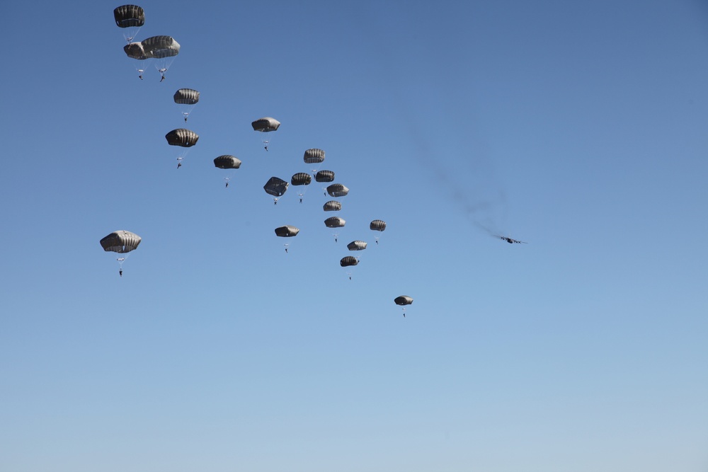 Paratroopers descending from aircraft