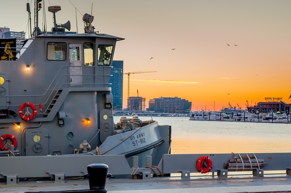 Sun Rises on Small Tugboat &quot;Fort Moultrie&quot; at Baltimore Inner Harbor