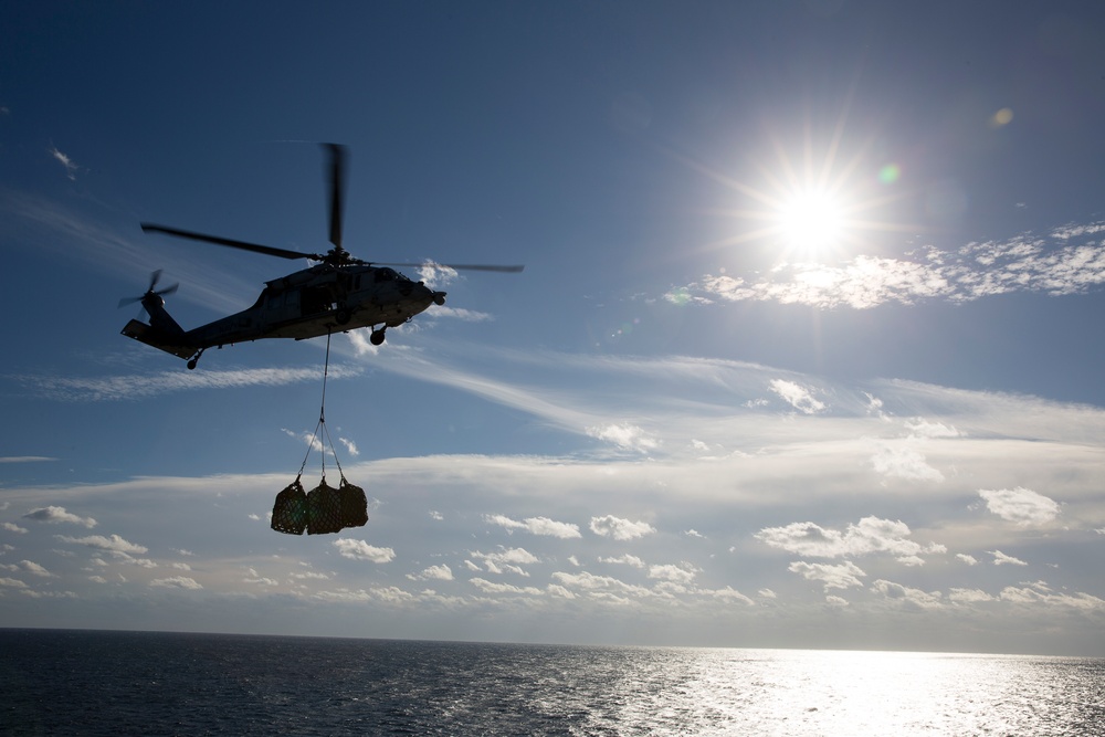 USS Bataan conducts a replenishment-at-sea during ARGMEUEX