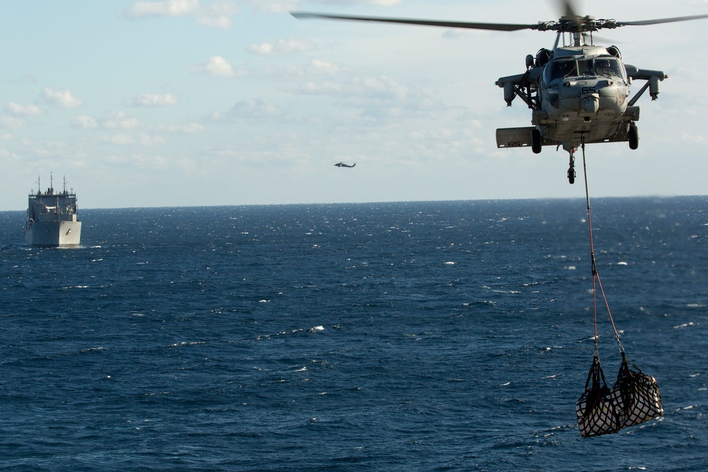 USS Bataan conducts a replenishment-at-sea during ARGMEUEX