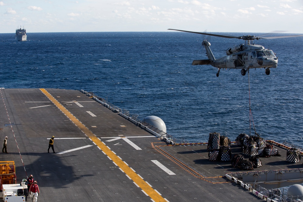 USS Bataan conducts a replenishment-at-sea during ARGMEUEX