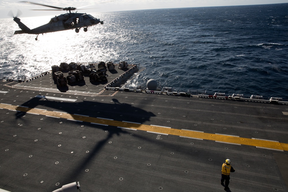 USS Bataan conducts a replenishment-at-sea during ARGMEUEX