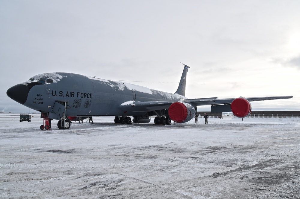 Snow falls on a KC-135