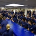 Vice Admiral Karl L. Schultz speaks to the Coast Guard Cutter Hamilton crew