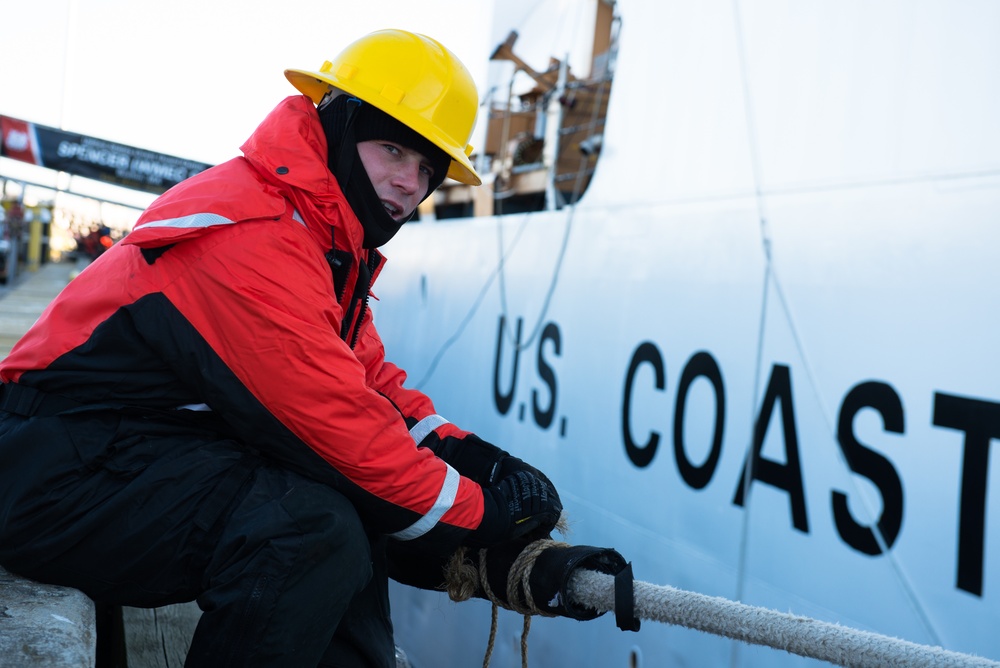 Coast Guard Cutter Spencer crew prepares to get underway in bitter cold