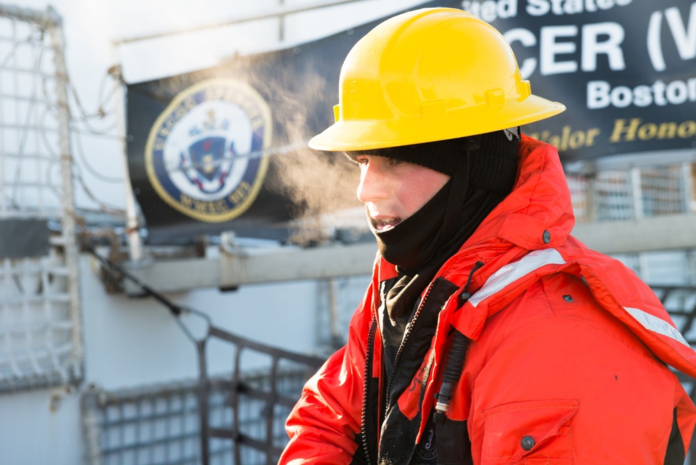 Coast Guard Cutter Spencer crew prepares to get underway in bitter cold