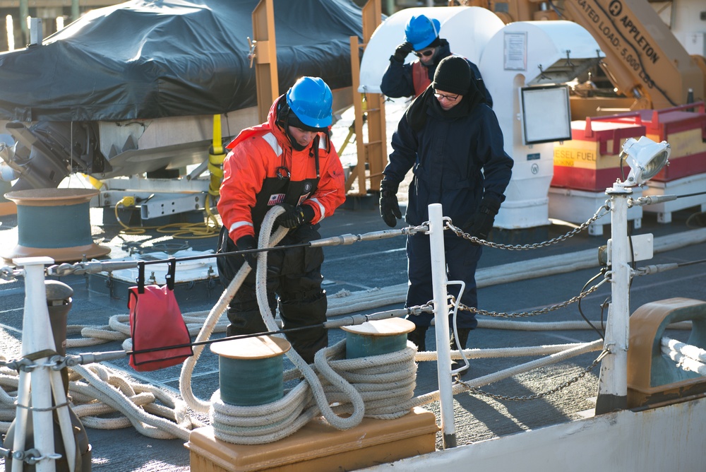 Coast Guard Cutter Spencer crew prepares to get underway in bitter cold