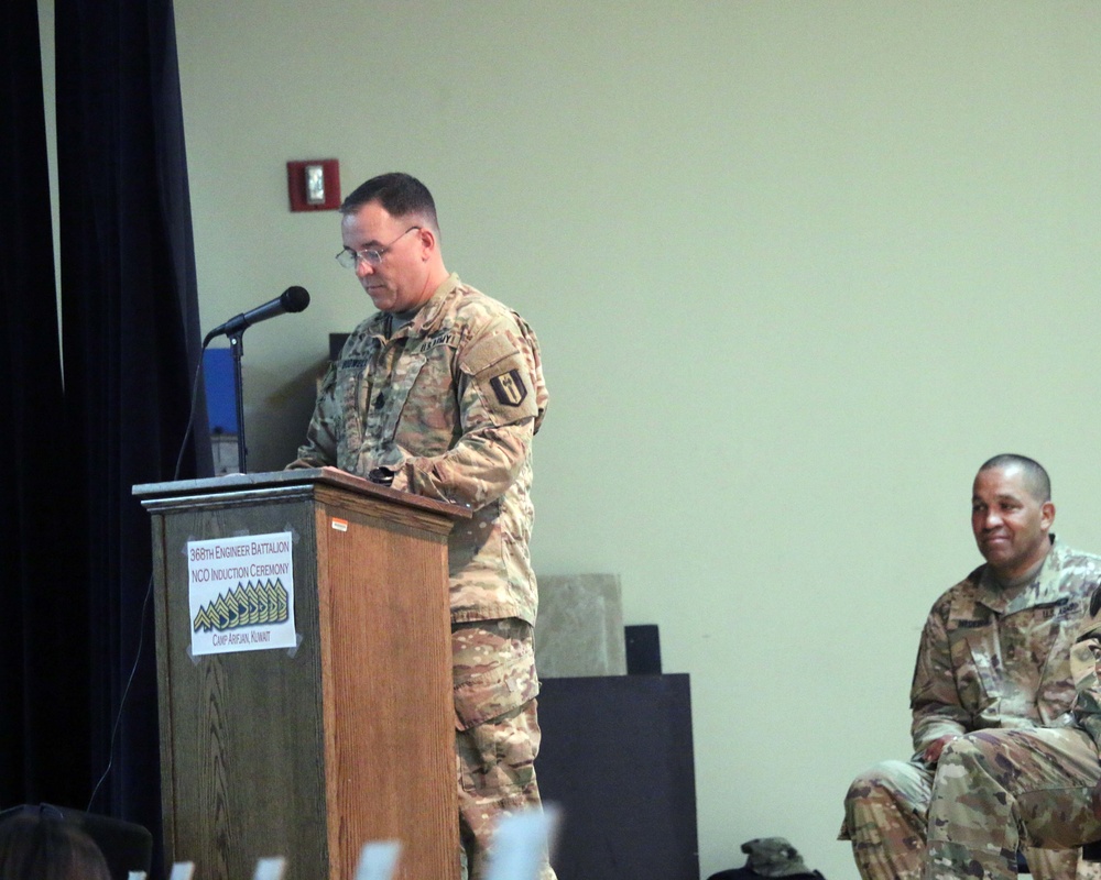 368th Engineer Battalion conducts its first NCO induction ceremony while deployed
