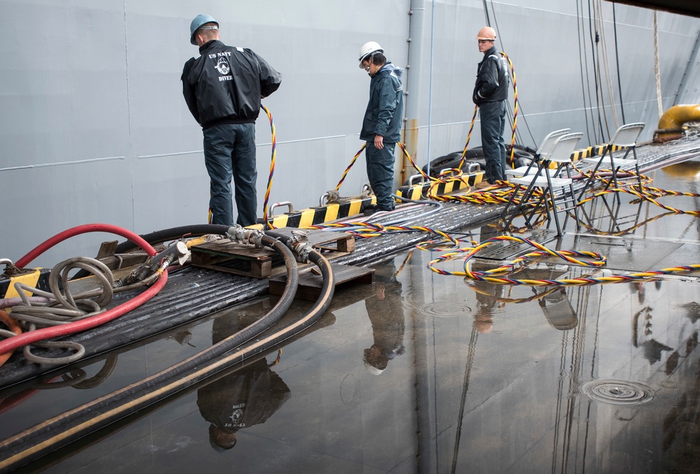 SRF-JRMC Divers work on the hull of USS Bonhomme Richard (LHD 6).