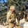 A U.S. Army soldier in Operational Camouflage Pattern (OCP) uniform is working on top of a tan/desert-colored armored military vehicle, likely a Stryker or similar wheeled armored personnel carrier. The soldier is wearing a combat helmet, black gloves, and has a U.S. flag patch visible on the left shoulder. The setting appears to be a forested area with tall pine trees and a street lamp visible in the background.