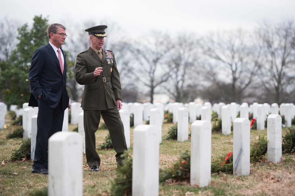 Secretary of Defense Ashton B. Carter visits graves in Section 60 of Arlington National Cemetery