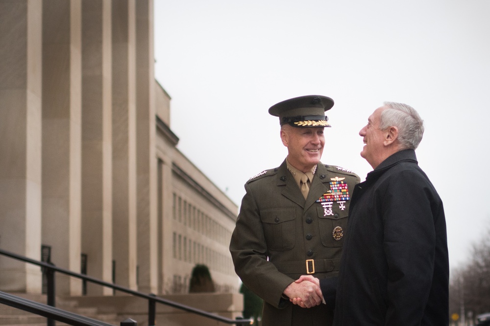 Sec Def Mattis greeted by CJCS Gen Dunford