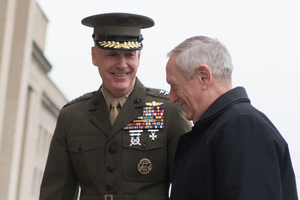 Sec Def Mattis greeted by CJCS Gen Dunford