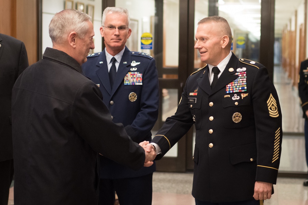 Sec Def Mattis greeted by CJCS Gen Dunford