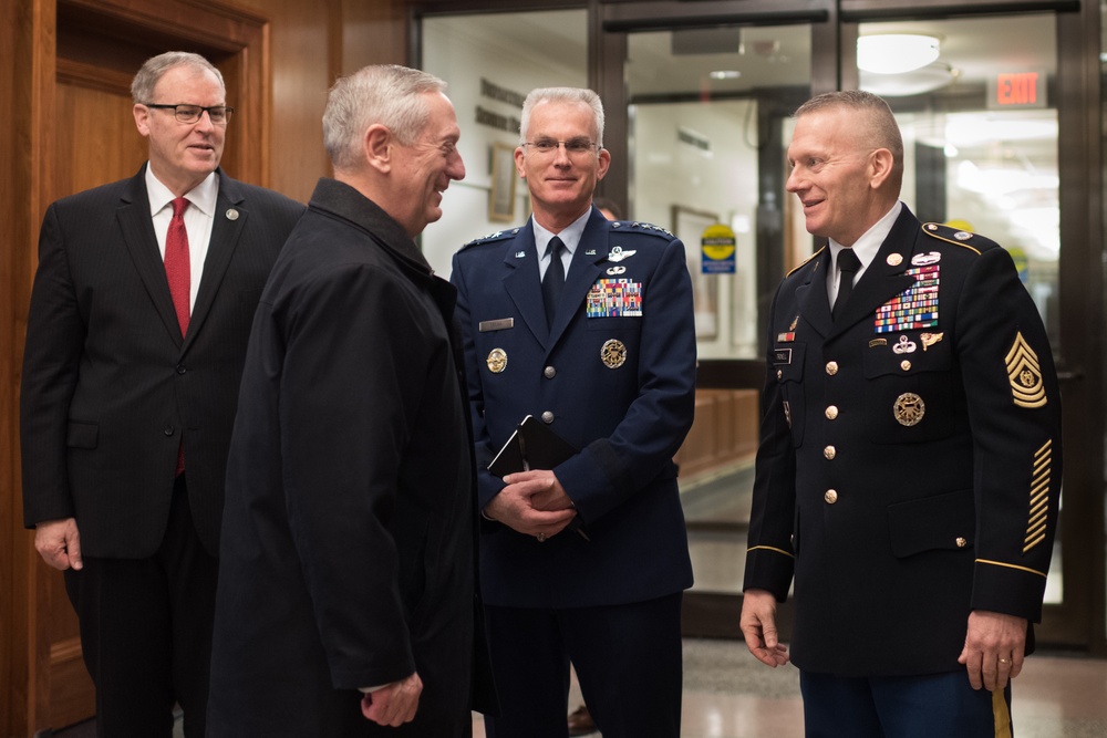 Sec Def Mattis greeted by CJCS Gen Dunford