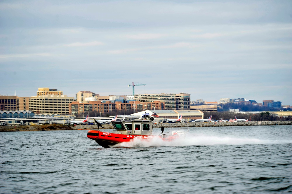 Coast Guard MSST boat crews enforce a waterway security zone around Washington, D.C. for 58th Presidential Inauguration