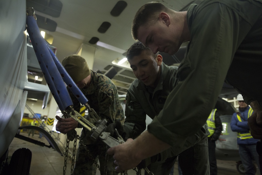 U.S. Marines load MV-22 Ospreys onto commercial ship