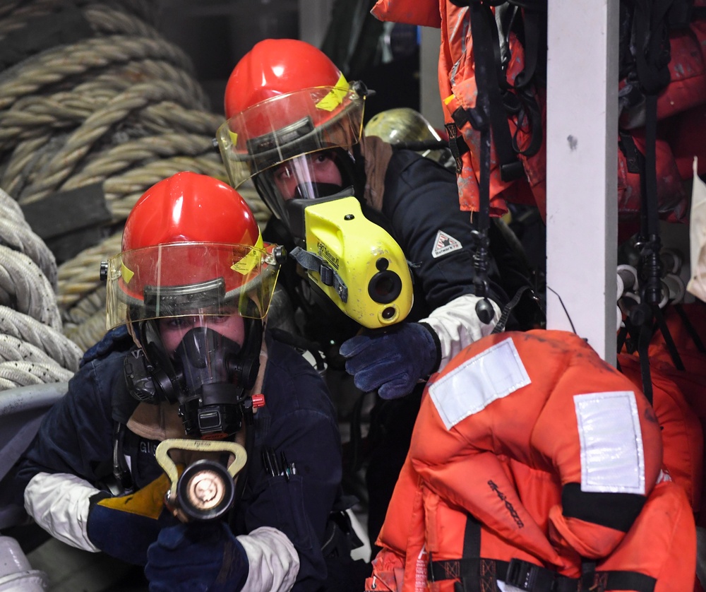 Sailors Participate in Fire Drill aboard USS Wayne E. Meyer (DDG 108)