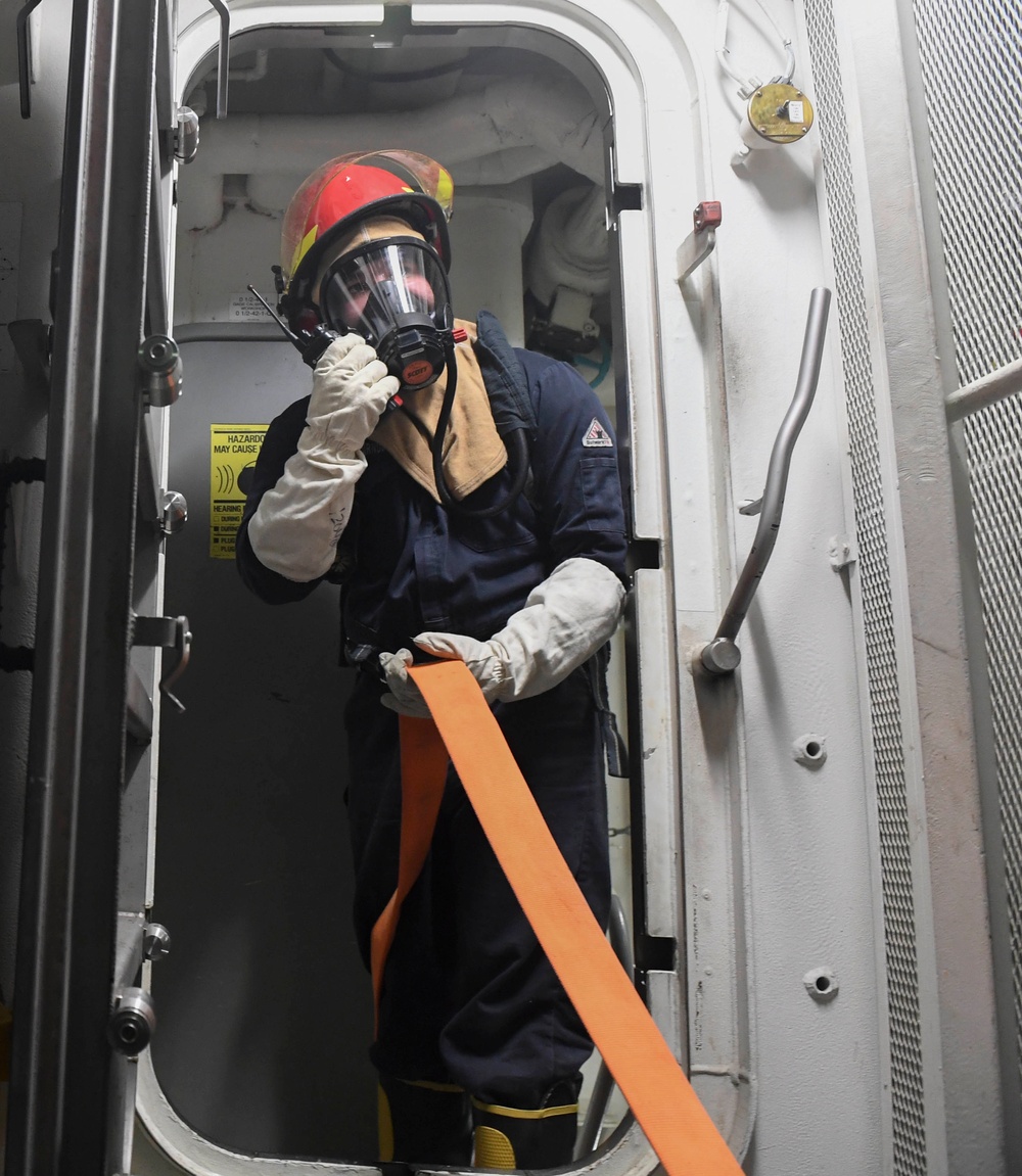 Sailors Participate in Fire Drill aboard USS Wayne E. Meyer (DDG 108)