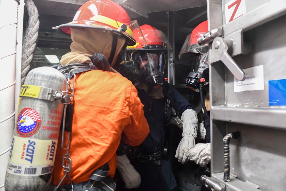 Sailors Participate in Fire Drill aboard USS Wayne E. Meyer (DDG 108)