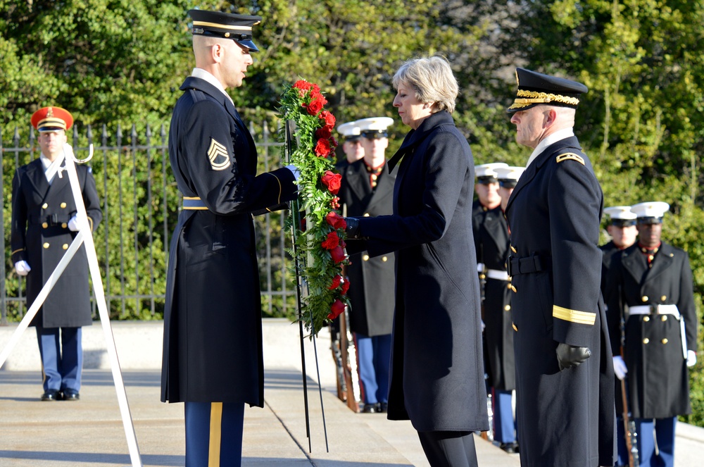The Right Honorable Theresa May, Prime Minister of the United Kingdom, lays a wreath at the Tomb of the Unknown
