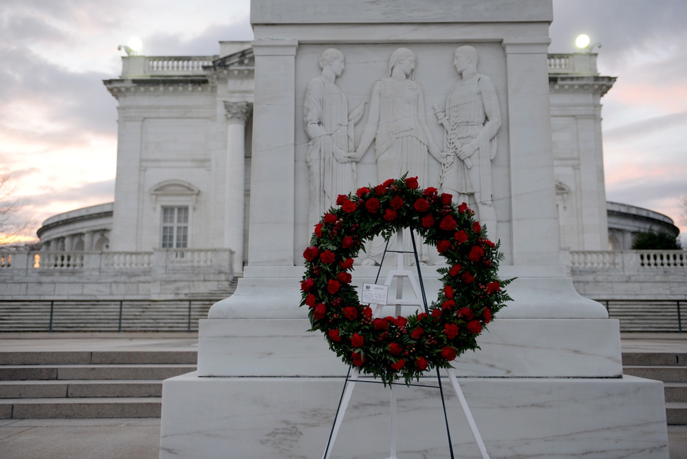 The Right Honorable Theresa May, Prime Minister of the United Kingdom, lays a wreath at the Tomb of the Unknown