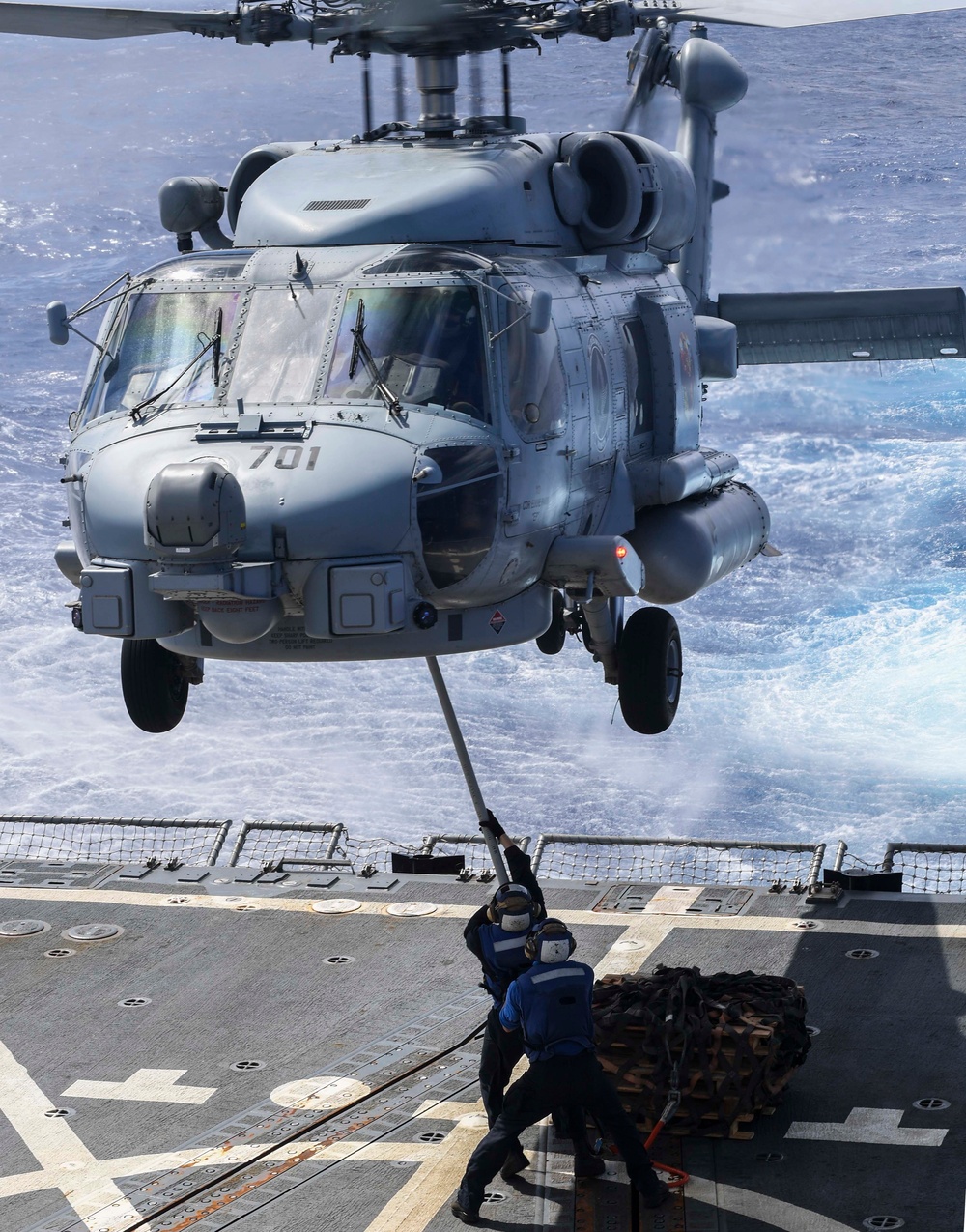 Sailors Practice for a Vertical Replenishment-at-Sea aboard USS Wayne E. Meyer (DDG 108)