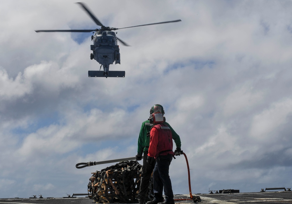 Sailors Practice for a Vertical Replenishment-at-Sea aboard USS Wayne E. Meyer (DDG 108)