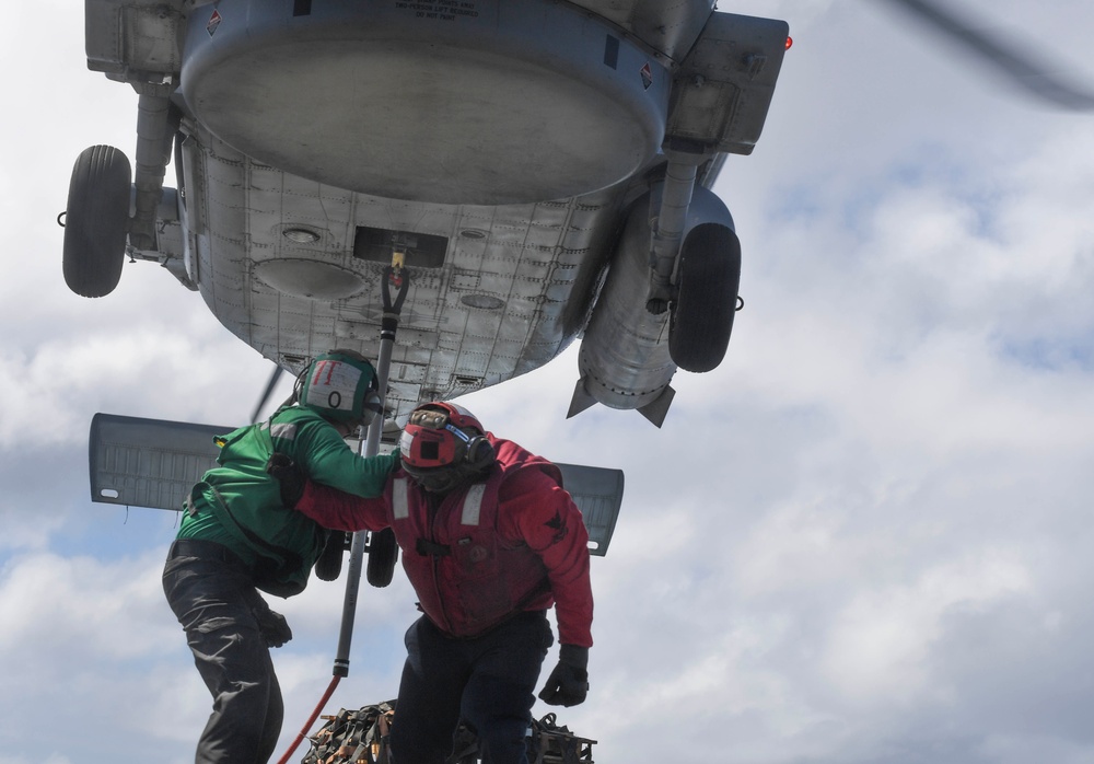 Sailors Practice for a Vertical Replenishment-at-Sea aboard USS Wayne E. Meyer (DDG 108)