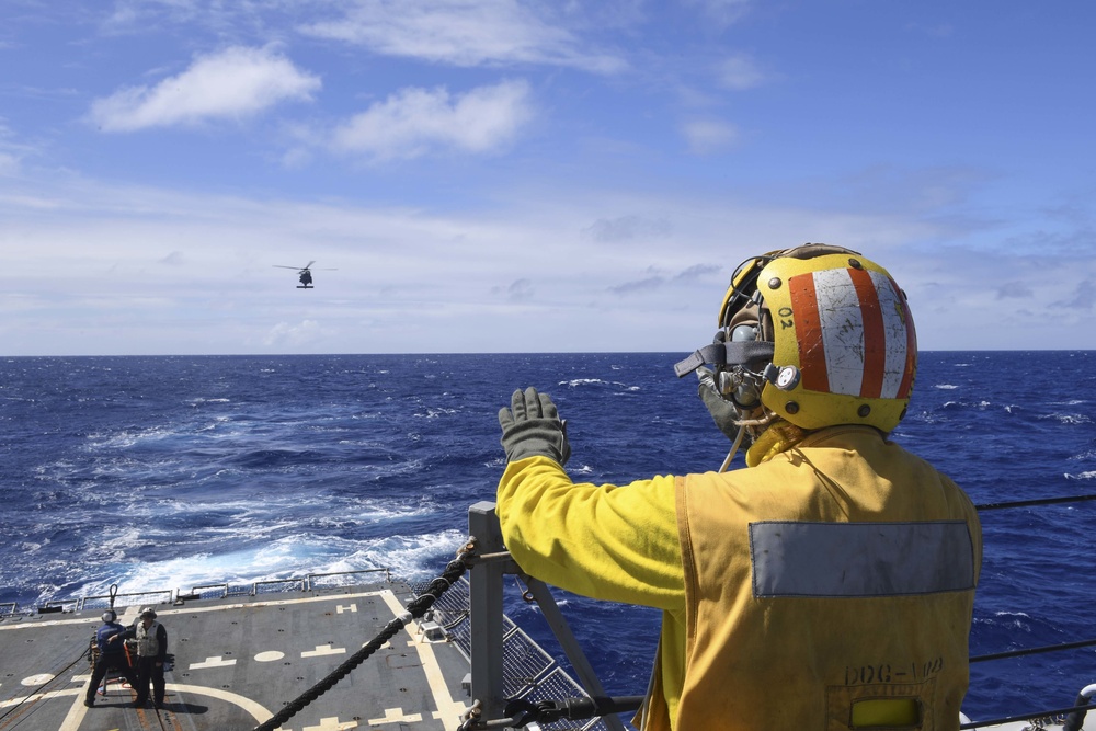 Sailors Practice for a Vertical Replenishment-at-Sea aboard USS Wayne E. Meyer (DDG 108)