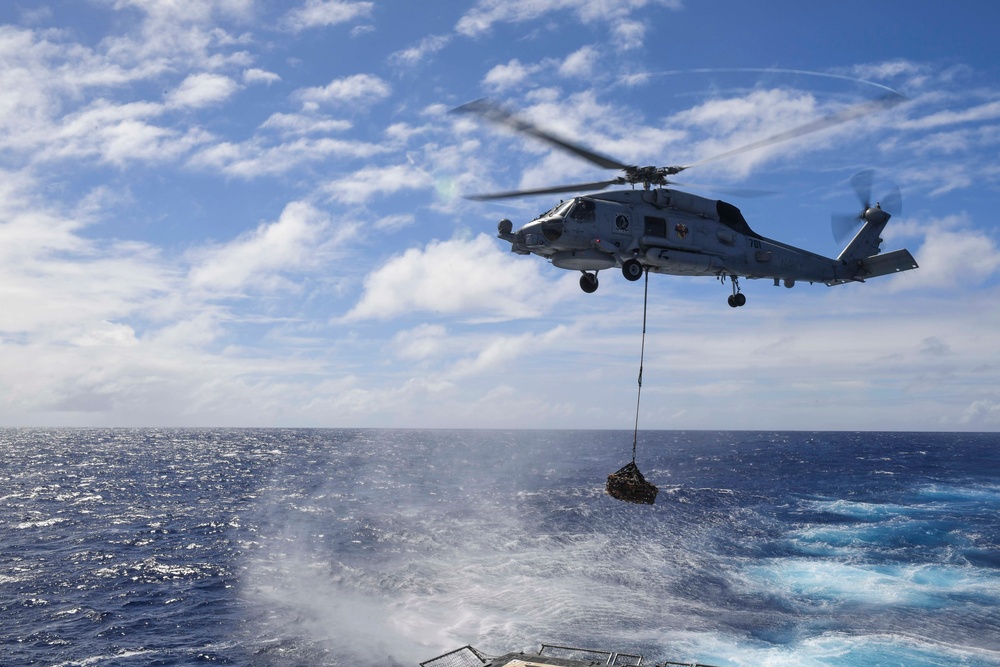 Sailors Practice for a Vertical Replenishment-at-Sea aboard USS Wayne E. Meyer (DDG 108)