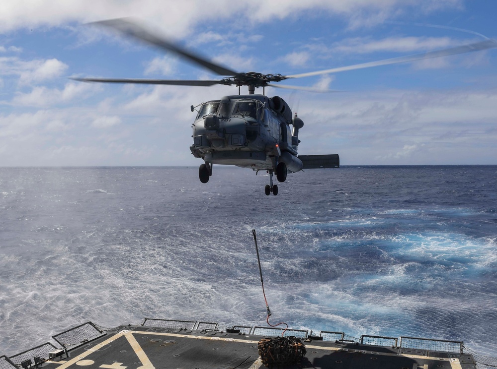 Sailors Practice for a Vertical Replenishment-at-Sea aboard USS Wayne E. Meyer (DDG 108)