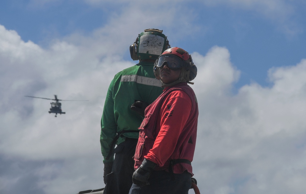 Sailors Practice for a Vertical Replenishment-at-Sea aboard USS Wayne E. Meyer (DDG 108)